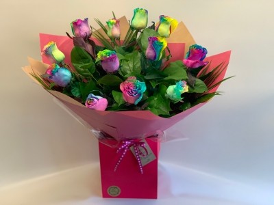 12 Rainbow Rose Hand tied